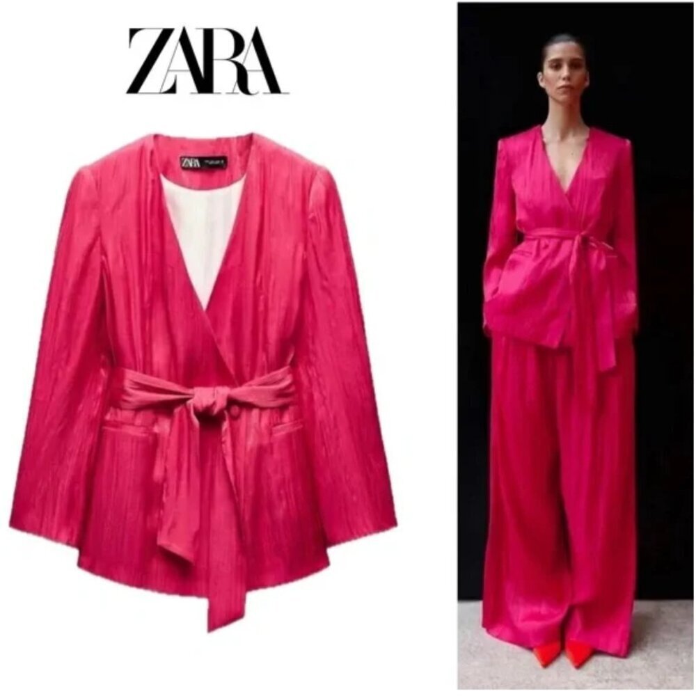 ZARA Double Breasted Belted Pink Blazer Wrinkle Effect Jacket XS NWT - Picture 2 of 16